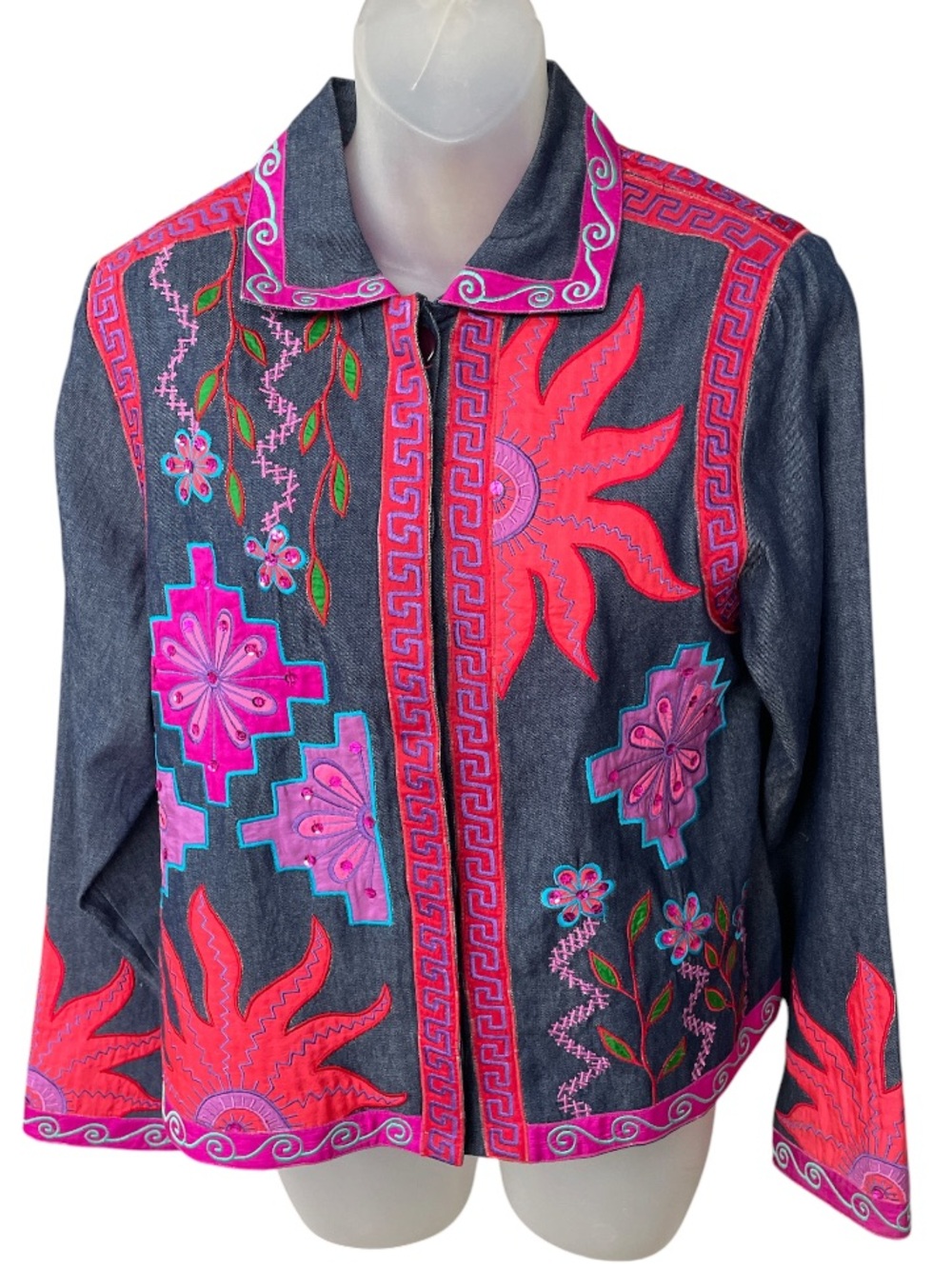 Sandy Starkman  made in India button down embroidery colorful vintage shirt Med.
